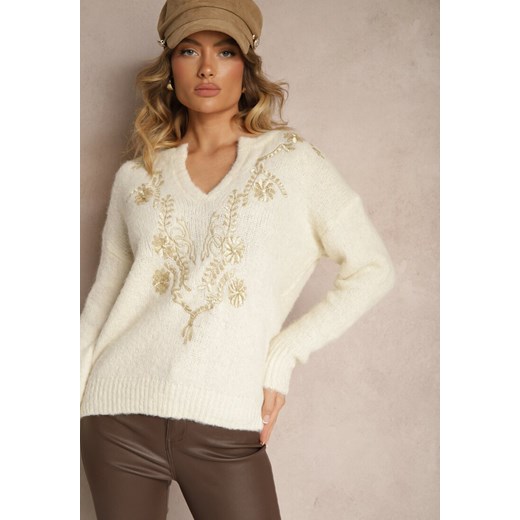 Jasnobeżowy Sweter z Wełną i Metalicznym Wzorem w Kwiaty Senithea Renee M wyprzedaż renee.pl