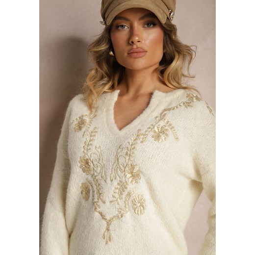 Jasnobeżowy Sweter z Wełną i Metalicznym Wzorem w Kwiaty Senithea Renee S wyprzedaż renee.pl