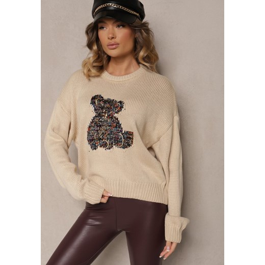 Beżowy Wiskozowy Sweter z Cekinami i Motywem Misia Nyrimi ze sklepu renee.pl w kategorii Swetry damskie - zdjęcie 179938259