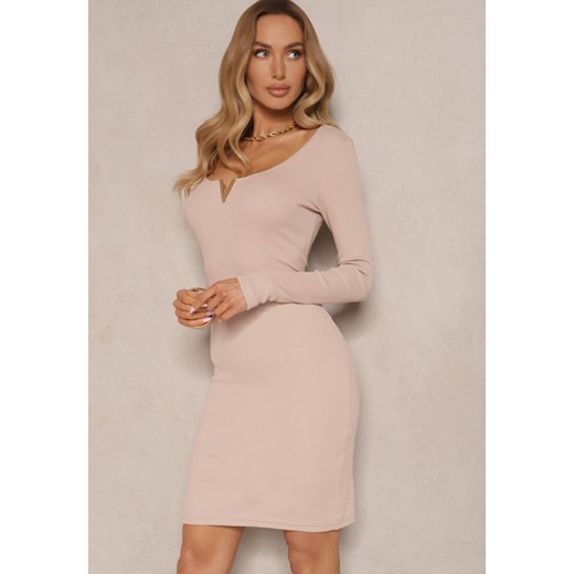 Beżowa Bawełniana Dopasowana Sukienka Ozdobiona Metaliczną Aplikacją Delarinea Renee ONE SIZE okazja renee.pl
