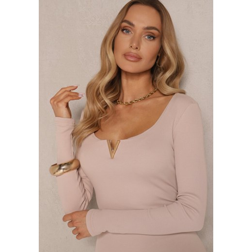 Beżowa Bawełniana Dopasowana Sukienka Ozdobiona Metaliczną Aplikacją Delarinea Renee ONE SIZE wyprzedaż renee.pl