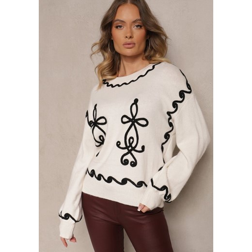 Jasnobeżowy Sweter z Wiskozą i Geometrycznym Wzorem Senallin ze sklepu renee.pl w kategorii Swetry damskie - zdjęcie 179938545