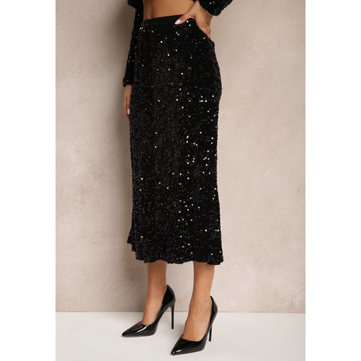 Czarna Spódnica z Weluru Zdobionego Cekinami z Gumką w Pasie Seniraeth Renee M wyprzedaż renee.pl