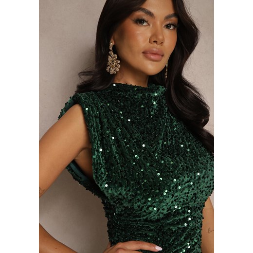 Zielona Cekinowa Sukienka Welurowa o Dopasowanym Kroju ze Stójką Bez Rękawów Renee M promocyjna cena renee.pl