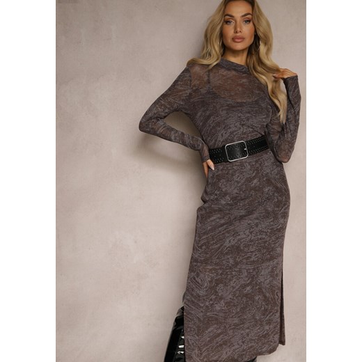 Brązowo-Szara Dopasowana Sukienka z Siateczki z Wiskozą Zdobiona Rozcięciami z Renee M wyprzedaż renee.pl