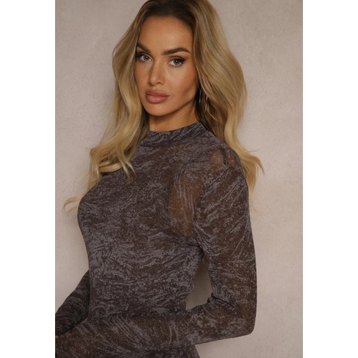Brązowo-Szara Dopasowana Sukienka z Siateczki z Wiskozą Zdobiona Rozcięciami z Renee M wyprzedaż renee.pl