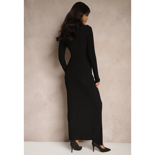 Czarna Koktajlowa Sukienka Półgolf Ozdobiona Marszczeniami Emivelleth Renee ONE SIZE okazyjna cena renee.pl