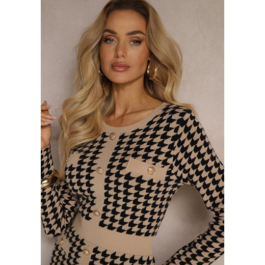 Beżowo-Czarna Sweterkowa Sukienka z Wiskozą w Pipetkę w Eleganckim Stylu Renee M okazja renee.pl