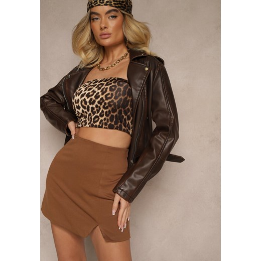 Brązowa Spódnica z Wiskozą High Waist Ozdobiona Rozcięciem Delonis ze sklepu renee.pl w kategorii Spódnice - zdjęcie 179939758