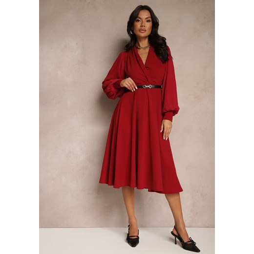 Bordowa Kopertowa Sukienka o Rozkloszowanym Kroju z Paskiem i Bufiastymi Renee ONE SIZE wyprzedaż renee.pl