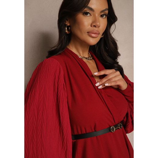 Bordowa Kopertowa Sukienka o Rozkloszowanym Kroju z Paskiem i Bufiastymi Renee ONE SIZE okazyjna cena renee.pl