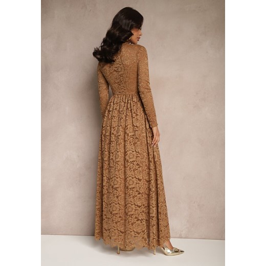 Beżowa Koronkowa Sukienka o Rozkloszowanym Kroju ze Stójką i Gumką w Pasie Renee S wyprzedaż renee.pl