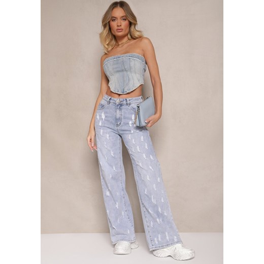 Jasnoniebieskie Jeansy z Bawełny o Szerokim Kroju High Waist Ozdobione Renee S renee.pl okazyjna cena