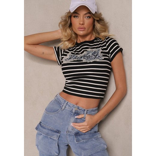 Czarno-Biały Bawełniany T-shirt w Paski Ozdobiony Napisem na Naszywce z Jeansu Eviola ze sklepu renee.pl w kategorii Bluzki damskie - zdjęcie 179942459