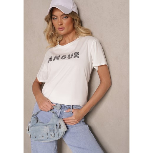 Biały Bawełniany T-shirt z Napisem z Cekinami Marivinna ze sklepu renee.pl w kategorii Bluzki damskie - zdjęcie 179942609