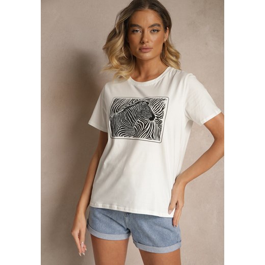 Biały Bawełniany T-shirt Oversize z Nadrukiem Imitującym Zebrę Nalornis Renee M renee.pl wyprzedaż