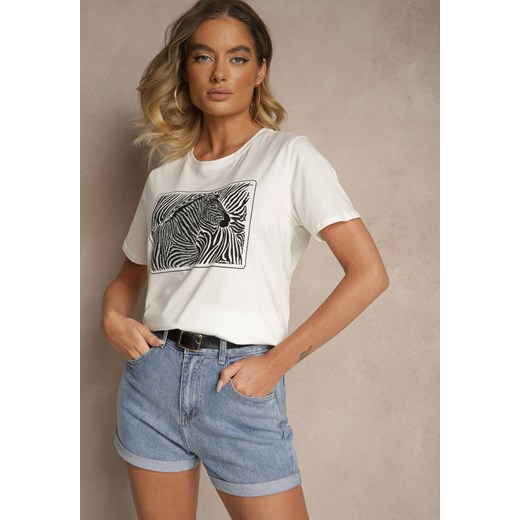 Biały Bawełniany T-shirt Oversize z Nadrukiem Imitującym Zebrę Nalornis Renee M renee.pl promocja