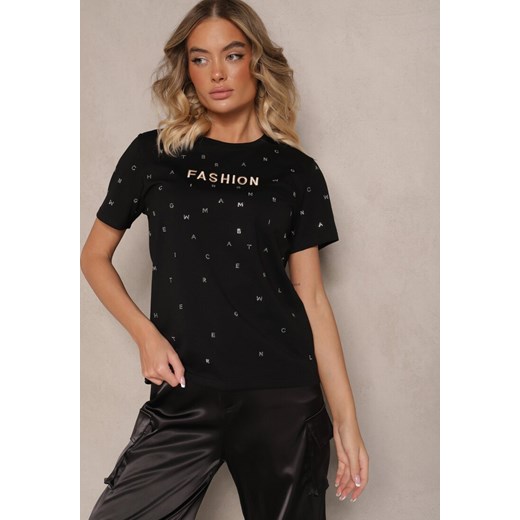 Czarny Bawełniany T-shirt Ozdobiony Napisem i Cyrkoniami Nalavenna ze sklepu renee.pl w kategorii Bluzki damskie - zdjęcie 179942759