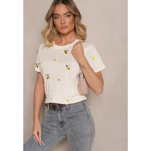 Beżowy Bawełniany T-shirt z Ozdobnym Haftem Falvivi ze sklepu renee.pl w kategorii Bluzki damskie - zdjęcie 179943235