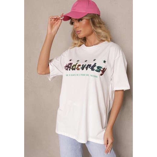 Biały T-shirt Oversize Ozdobiony Napisem i Kolorowymi Gwiazdami Ilamora ze sklepu renee.pl w kategorii Bluzki damskie - zdjęcie 179943918