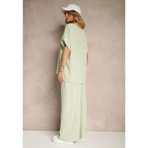 Zielony Bawełniany Komplet Spodnie o Szerokim Kroju i T-shirt Oversize Seltebis Renee ONE SIZE promocyjna cena renee.pl