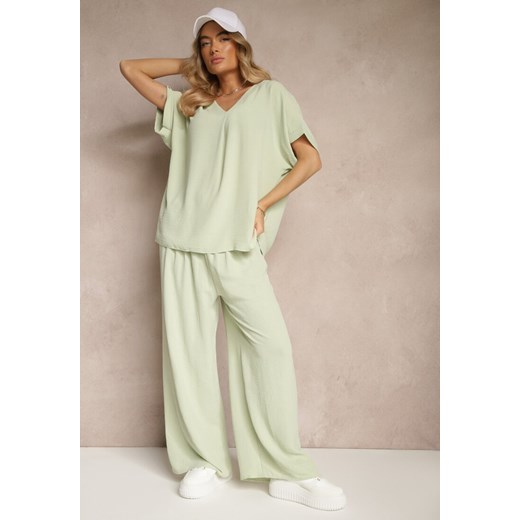 Zielony Bawełniany Komplet Spodnie o Szerokim Kroju i T-shirt Oversize Seltebis Renee ONE SIZE okazja renee.pl