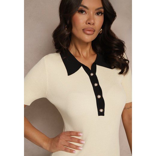 Beżowa Dzianinowa Sukienka z Wiskozy o Dopasowanym Kroju z Kołnierzykiem Taliora Renee ONE SIZE promocja renee.pl
