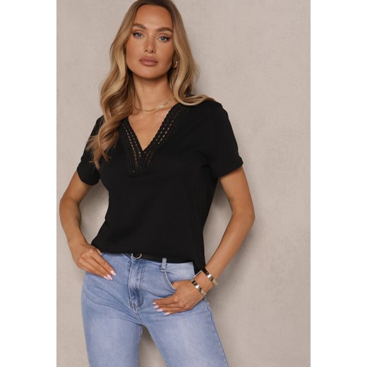 Czarny Bawełniany T-shirt z Wiskozą i Ażurowym Wzorem Fenirea ze sklepu renee.pl w kategorii Bluzki damskie - zdjęcie 179945858
