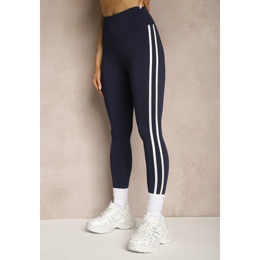 Granatowe Legginsy High Waist z Push-Upem z Elastycznego Materiału z Lampasami Renee M okazja renee.pl
