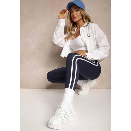 Granatowe Legginsy High Waist z Push-Upem z Elastycznego Materiału z Lampasami Ateria ze sklepu renee.pl w kategorii Spodnie damskie - zdjęcie 179946098