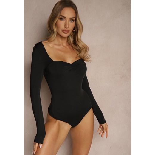 Czarne Body Longsleeve z Wiskozą z Ozdobnym Marszczeniem Ninaviria ze sklepu renee.pl w kategorii Bluzki damskie - zdjęcie 179946306