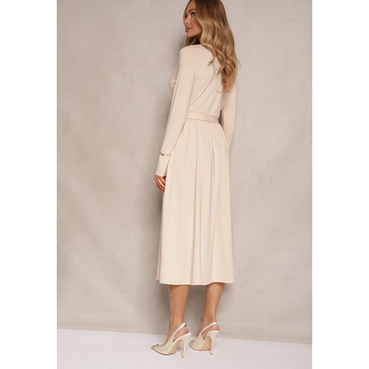 Jasnobeżowa Taliowana Sukienka z Paskiem z Domieszką Wiskozy Hrestalia Renee L renee.pl okazyjna cena