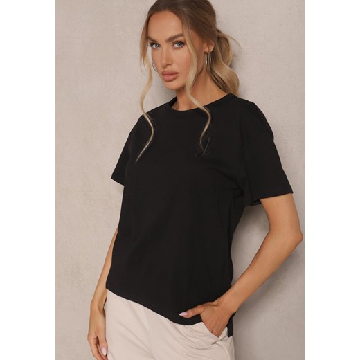 Czarny T-shirt z Dłuższym Tyłem Zdobiony Haftem Ninilla ze sklepu renee.pl w kategorii Bluzki damskie - zdjęcie 179947096