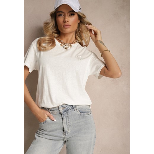 Biały T-shirt z Dłuższym Tyłem Zdobiony Haftem Ninilla ze sklepu renee.pl w kategorii Bluzki damskie - zdjęcie 179947106