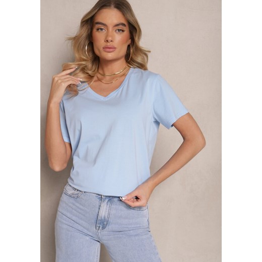 Jasnoniebieski T-shirt z Bawełny z Dekoltem w Serek Tanirea ze sklepu renee.pl w kategorii Bluzki damskie - zdjęcie 179947436