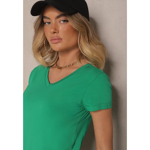 Ciemnozielony Bawełniany T-shirt z Dekoltem w Serek Tarilne Renee S okazja renee.pl