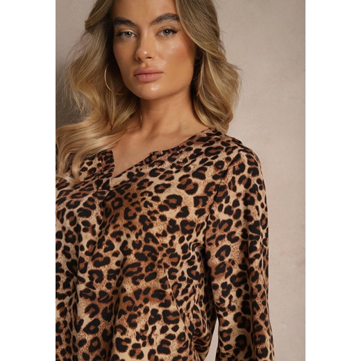 Brązowa Casualowa Bluzka z Bawełną Zdobiona Panterkowym Printem Viterta Renee L okazyjna cena renee.pl