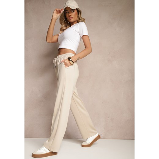 Beżowe Szerokie Spodnie Dresowe z Wiskozą High Waist Setariona Renee XXL/XXXL promocja renee.pl