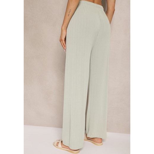 Jasnozielone Spodnie o Szerokim Kroju High Waist Ozdobione Sznurkami Harisna Renee ONE SIZE wyprzedaż renee.pl