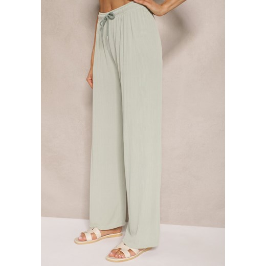 Jasnozielone Spodnie o Szerokim Kroju High Waist Ozdobione Sznurkami Harisna Renee ONE SIZE wyprzedaż renee.pl