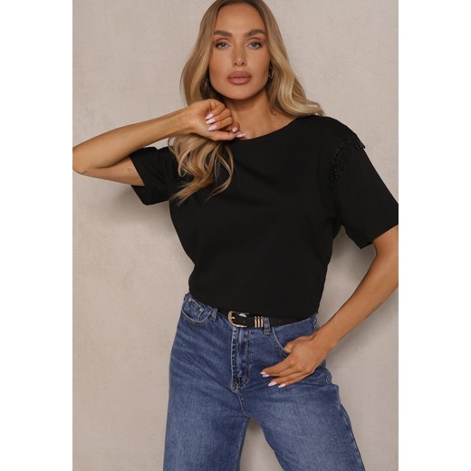 Czarny T-shirt z Bawełny z Koralikami Vlerra ze sklepu renee.pl w kategorii Bluzki damskie - zdjęcie 179947966