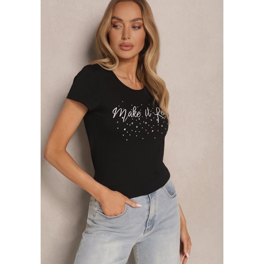 Czarny T-shirt z Bawełny Ozdobiony Napisem i Cyrkoniami Zreadia ze sklepu renee.pl w kategorii Bluzki damskie - zdjęcie 179948046
