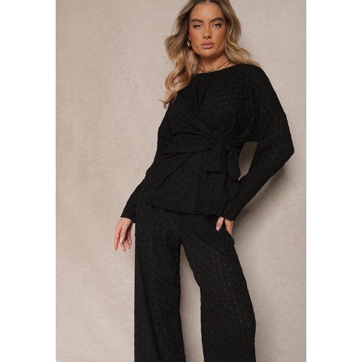 Czarny Komplet Spodnie o Szerokim Kroju i Bluzka z Wiązaniem w Talii Dilinne Renee ONE SIZE renee.pl wyprzedaż
