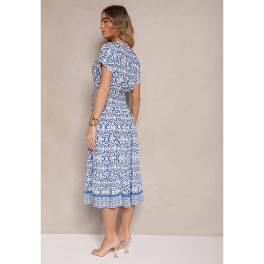 Niebieska Rozkloszowana Sukienka z Bawełny w Print Paisley Lanarisa Renee M renee.pl wyprzedaż