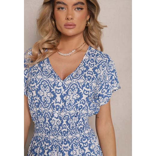 Niebieska Rozkloszowana Sukienka z Bawełny w Print Paisley Lanarisa Renee L promocja renee.pl