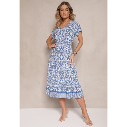 Niebieska Rozkloszowana Sukienka z Bawełny w Print Paisley Lanarisa Renee L wyprzedaż renee.pl