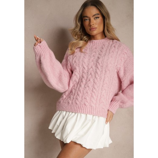 Różowy Sweter z Wełną o Eleganckim Warkoczowym Splotem Makkaria ze sklepu renee.pl w kategorii Swetry damskie - zdjęcie 179948589