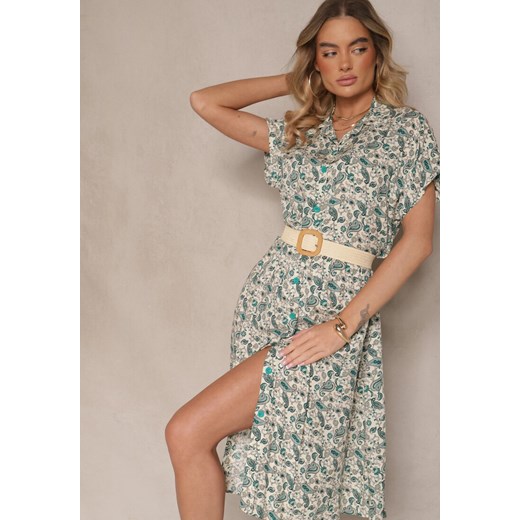 Zielona Sukienka z Bawełny w Print Paisley o Koszulowym Kroju Celluria Renee L promocja renee.pl