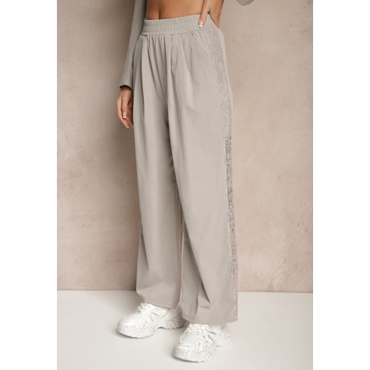 Jasnoszare Szerokie Spodnie z Bawełną High Waist Ozdobione Koronką Efandiela ze sklepu renee.pl w kategorii Spodnie damskie - zdjęcie 179949477