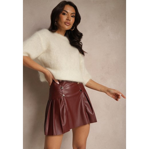 Bordowa Spódnica z Bawełną High Waist z Imitacji Skóry z Napami Tillaria ze sklepu renee.pl w kategorii Spódnice - zdjęcie 179951118